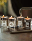 Decorative Word Sign Hope Cube Crystal Candle Holder Set of 4 - Solid Square Clear Glass Table Centerpiece - Elegant Votive Tealight Candlestick for Wedding & Home Decoration