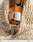 Luxury Knit Blanket Throw - 50"X60" - Soft Chenille Yarn Knitted Blanket (Oat White)