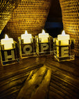 Decorative Word Sign Hope Cube Crystal Candle Holder Set of 4 - Solid Square Clear Glass Table Centerpiece - Elegant Votive Tealight Candlestick for Wedding & Home Decoration