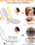 Compact LED Mirror for Tavel Makeup, 2-Sided 1X/10X Magnigication,Lighted Brightness Dimmable,Rechargeable Handheld Portable Small Mirror (Red)