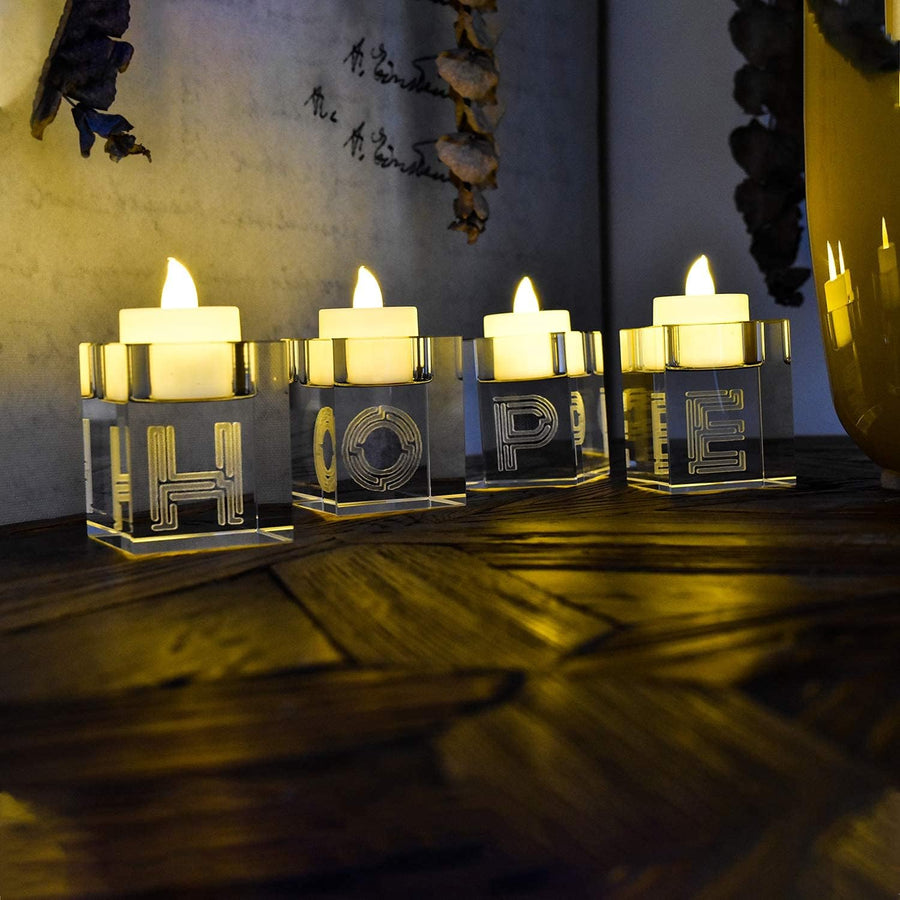 Decorative Word Sign Hope Cube Crystal Candle Holder Set of 4 - Solid Square Clear Glass Table Centerpiece - Elegant Votive Tealight Candlestick for Wedding & Home Decoration