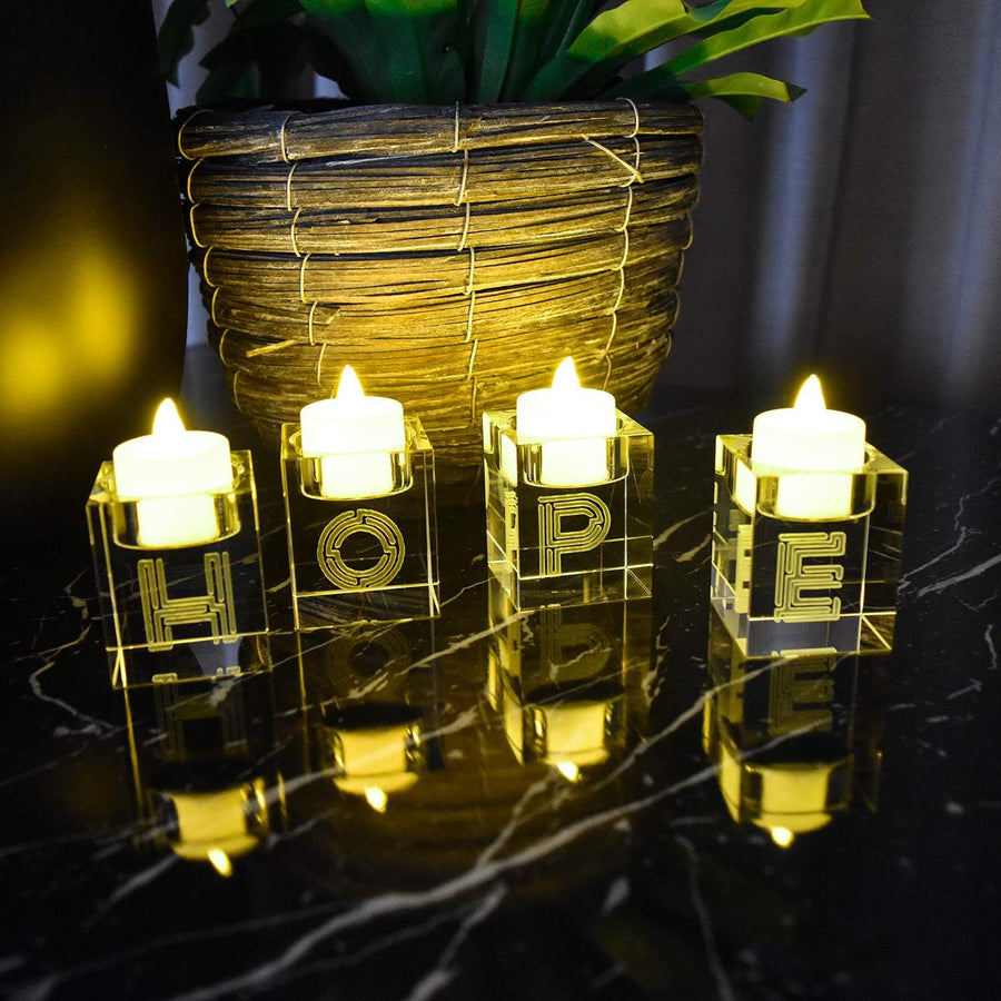 Decorative Word Sign Hope Cube Crystal Candle Holder Set of 4 - Solid Square Clear Glass Table Centerpiece - Elegant Votive Tealight Candlestick for Wedding & Home Decoration