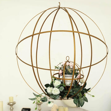 25" Gold Wrought Iron Folding Ball Floral Sphere | Geometric Hanging Vase Holder