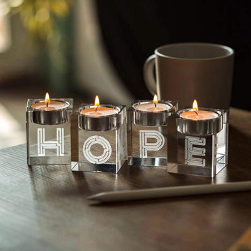 Decorative Word Sign Hope Cube Crystal Candle Holder Set of 4 - Solid Square Clear Glass Table Centerpiece - Elegant Votive Tealight Candlestick for Wedding & Home Decoration