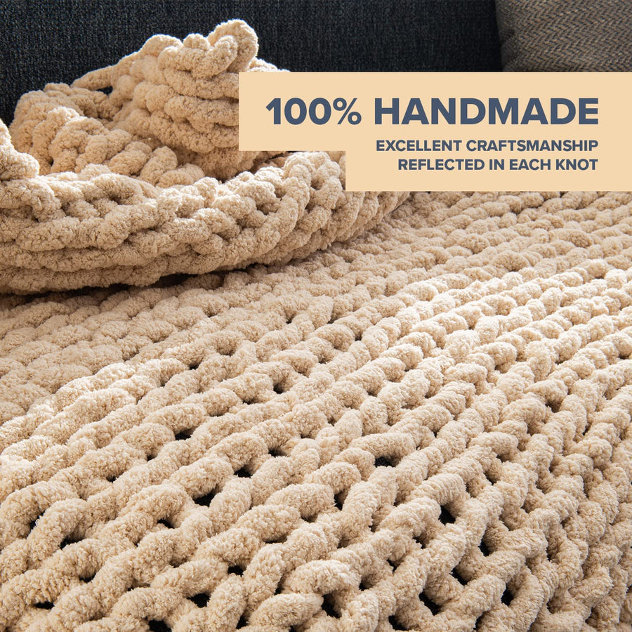 Luxury Knit Blanket Throw - 50"X60" - Soft Chenille Yarn Knitted Blanket (Oat White)
