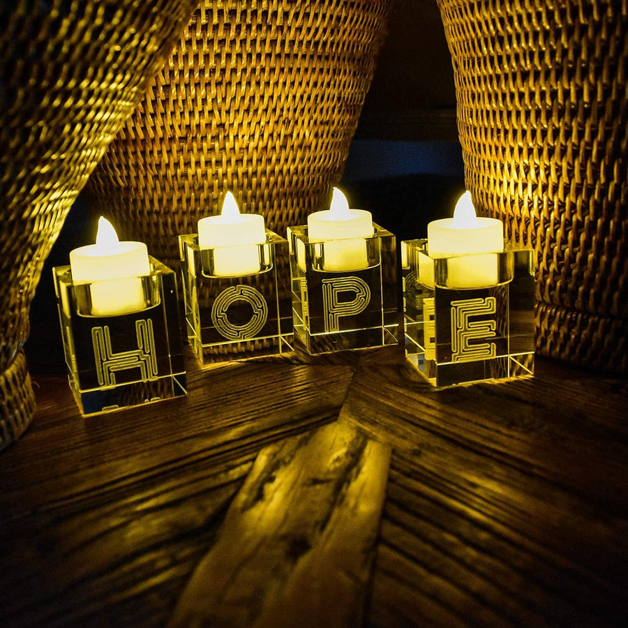 Decorative Word Sign Hope Cube Crystal Candle Holder Set of 4 - Solid Square Clear Glass Table Centerpiece - Elegant Votive Tealight Candlestick for Wedding & Home Decoration
