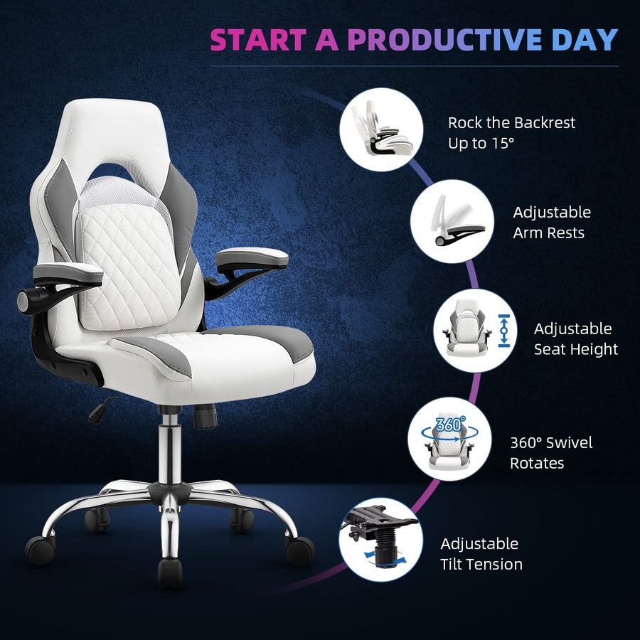 Luxury Ergonomic Office Chair  with Lumbar Support Flip up Arms Racing Style PU Leather Executive Computer Chair for Adults,Grey