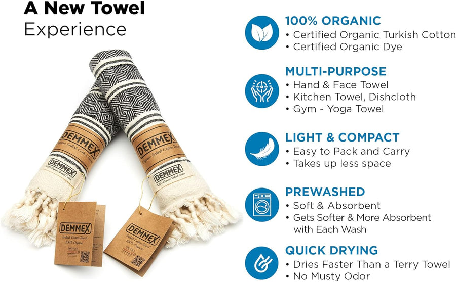 Certified Organic Cotton Turkish Hand Towels for Bathroom - Set of 2, Kitchen, Gym Towels - Thin Light Compact Travel Towels, Quick Dry, Diamond Weave, Prewashed, 18X36, Black