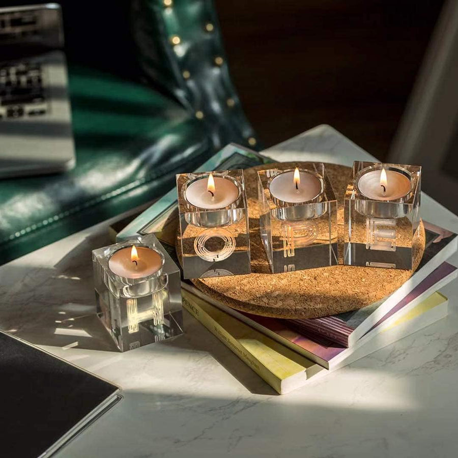 Decorative Word Sign Hope Cube Crystal Candle Holder Set of 4 - Solid Square Clear Glass Table Centerpiece - Elegant Votive Tealight Candlestick for Wedding & Home Decoration