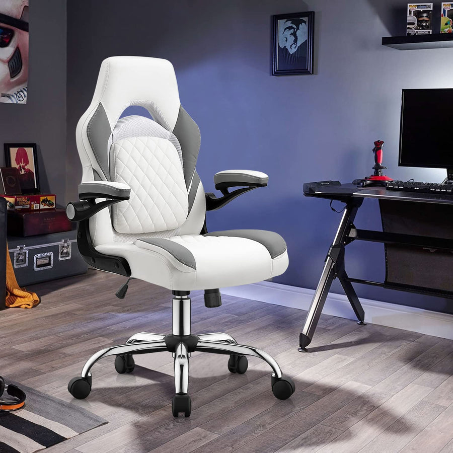 Luxury Ergonomic Office Chair  with Lumbar Support Flip up Arms Racing Style PU Leather Executive Computer Chair for Adults,Grey