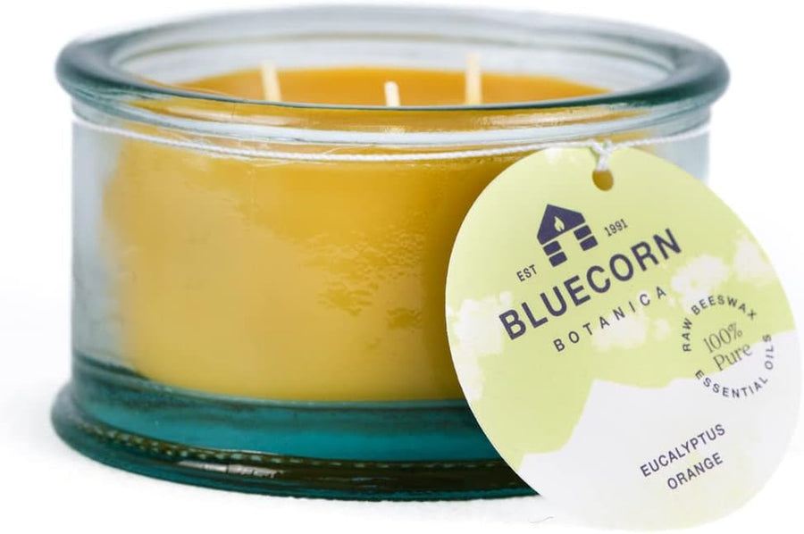 Bluecorn Botanica Beeswax Candle: 3-Wick Scented Candle Handmade with Pure Beeswax and Eucalyptus & Orange Essential Oils