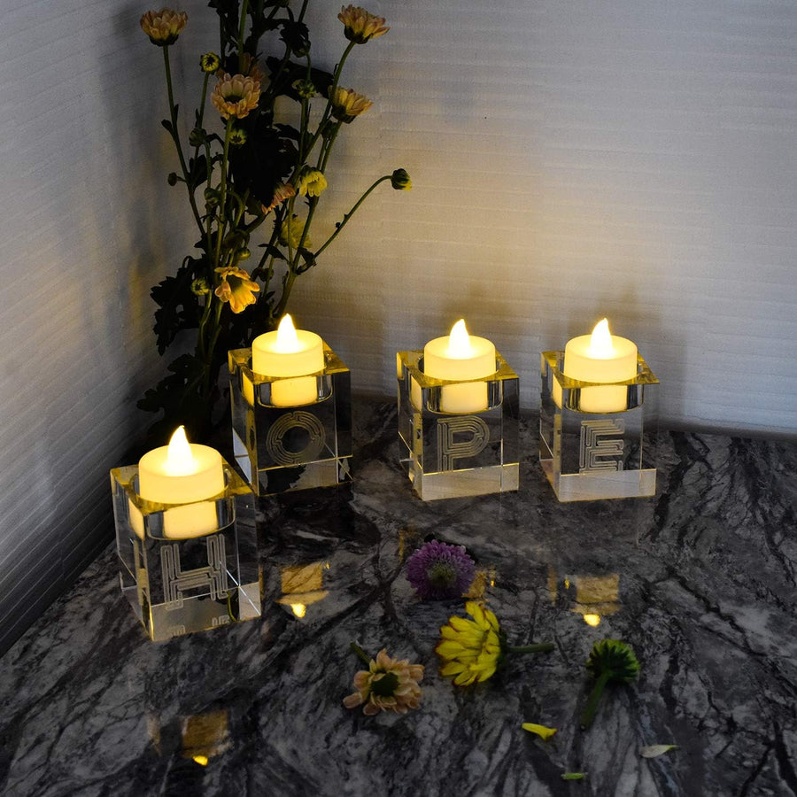 Decorative Word Sign Hope Cube Crystal Candle Holder Set of 4 - Solid Square Clear Glass Table Centerpiece - Elegant Votive Tealight Candlestick for Wedding & Home Decoration
